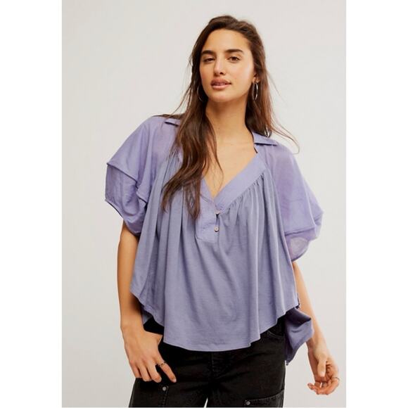 Free People Bohemian Billowy Oversized Sunray Babydoll Top Blue Granite Large - Picture 3 of 14